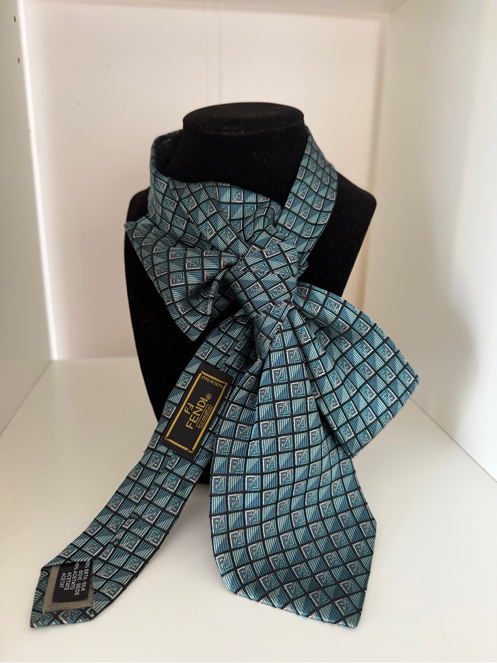 Vintage Fendi FF Logo Geometric Teal Blue Silk Blend Tie